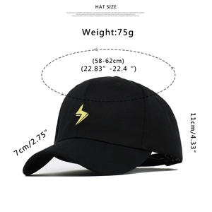 Detailed size guide for black baseball cap with yellow lightning bolt embroidery