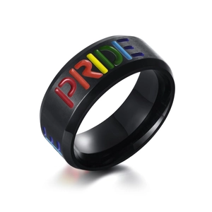 Men's black brushed stainless steel ring with colorful PRIDE lettering design