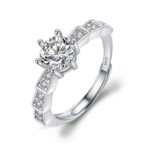 Detailed close-up of S925 sterling silver six-claw ring with adjustable open band