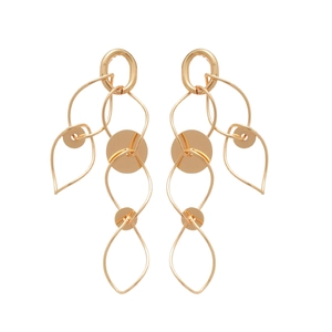 Elegant gold geometric leaf fringe earrings with circular metallic accents on white background