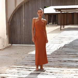 Detail of a burnt orange satin halter neck backless maxi dress in a scenic outdoor setting