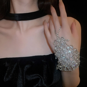 Sparkling silver rhinestone mesh hand chain bracelet with finger ring for women