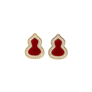 Vintage style red enamel wulu stud earrings with gold plating and white zircon accents