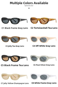 Macro display of eight color options for oval vintage sunglasses in various stylish frames
