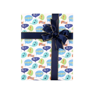 Cartoon gift wrapping paper with blue ribbon and colorful comic speech bubbles patterns