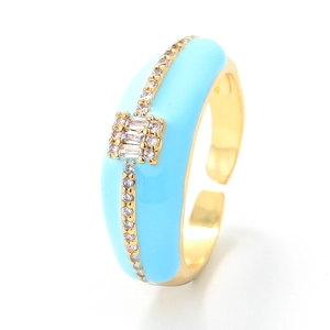 Light blue enamel gold ring with zircon stones in an adjustable open band design