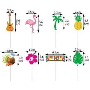 Tropical cake toppers set featuring flamingo and palm tree with detailed size measurements