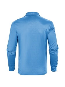 Close-up of blue long-sleeved polo shirt back showing breathable mesh fabric texture