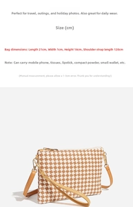 Detail view of woven houndstooth bag dimensions 21cm x 1cm x 14cm with strap length 120cm