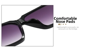 Detail of comfortable integrated nose pads on black square hip-hop sunglasses