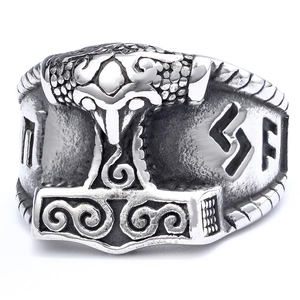 Vintage stainless steel Viking Thor's Hammer ring with Nordic Runes and rustic silver finish
