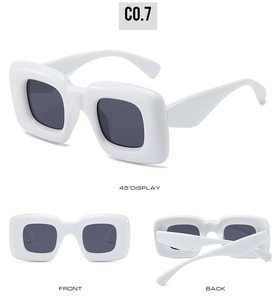 Front and back views of white Y2K square sunglasses with dark grey lenses and thick frames