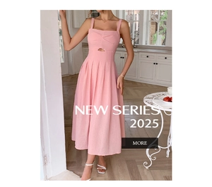 Detail of pink sleeveless dress with knotted neckline, waist cutout, and pleated skirt