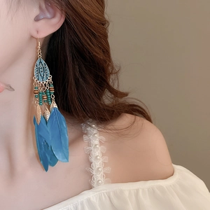 Detailed view of Bohemian long blue feather earrings with turquoise accents on a model