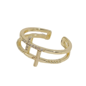 Double-layered gold adjustable ring featuring a sleek cross and a purple zircon cross