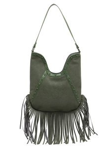 Retro bohemian green suede tassel tote bag with stud details and sun relief pattern