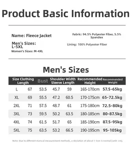 Detailed size chart for men fleece jacket showing measurements from L up to 5XL