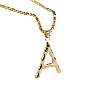 Polished 18K gold plated stainless steel letter A pendant with box chain for men