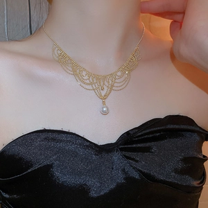 Detail of 24K gold-plated lace mesh necklace featuring a dangling 12mm white pearl pendant
