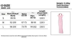 Detailed size chart for the off-shoulder fishtail dress showing measurements in cm