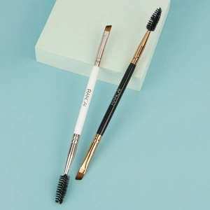 Dual-ended angled eyebrow brush and spoolie set with black and white handles
