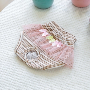 Close-up of dog physiological pants featuring coffee stripes and pink sequin lace trim