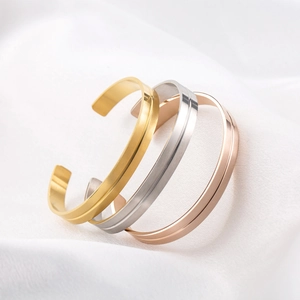 Minimalist Stainless Steel Cuff Bracelet Geometric Groove Brushed Metal Bangle For Men Jewelry