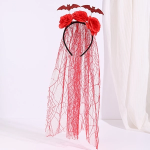 Halloween headband with red roses, sequin bats and long red cobweb lace veil detail