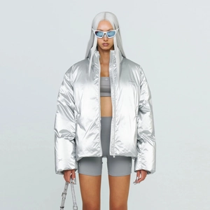 Women Puffer Down Jacket Silver Metallic Glossy Stand Collar Warm Streetwear Outerwear Winter Zip Up Coat Futuristic