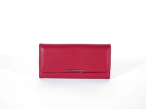 Detail of red leather long wallet featuring neat stitching and a silver metal buckle