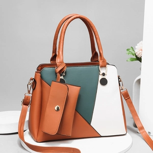 Fashionable color-block large capacity tote bag and small pouch set for women in PU leather