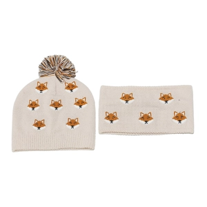 Winter kids knit hat and scarf set with cute fox pattern and pompom in beige