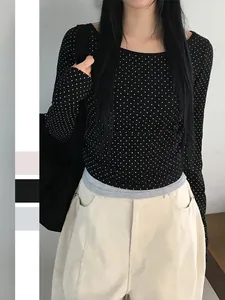 T-Shirt À Manches Longues Pour Femmes À Pois En Tricot De Viscose À Côte Col Rond Coupe Ajustée Haut Décontracté