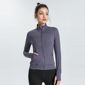 Slim fit women's purple yoga jacket with thumb holes and breathable quick-dry fabric