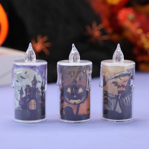 Three-piece Halloween LED flameless candles with spooky pumpkin and skull illustrations