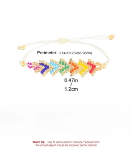 Detail view of colorful glass bead bracelet with adjustable cord and size dimensions