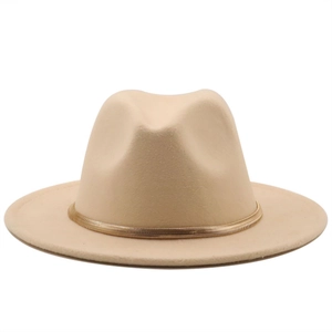 Fedora Hat Wide Brim Retro British Style With Gold Metal Chain Band Elegant Felt Jazz Hat For Women
