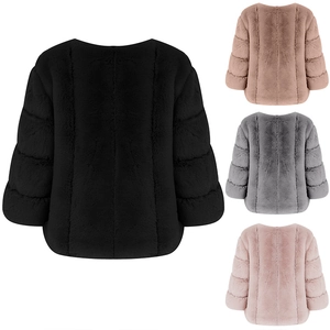 Detail showing four color variants of faux fur jackets in black brown grey and pink