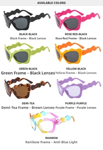 A display of wave frame sunglasses in seven different colors with unique wavy temples