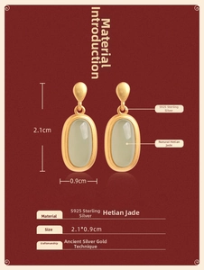 Detail view of S925 silver gold-plated earrings with natural Hetian jade drops