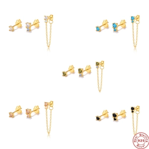 Asymmetric Chain Tassel Stud Earrings 925 Sterling Silver Earring Post Gold Plated Cubic Zirconia Elegant Jewelry For Women