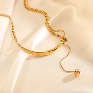 Chic double layer gold stainless steel necklace with curved plate and ball pendants