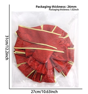 Detailed dimension guide for large red glitter Christmas bow with gold trim measurements