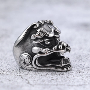 Polished punk style stainless steel ring with vintage Kirin beast head carving