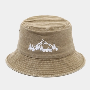 Cappello da pescatore in cotone lavato kaki con ricamo di foresta montana per attività all'aperto