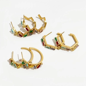 Three pairs of gold titanium steel geometric earrings with colorful square zircon stones