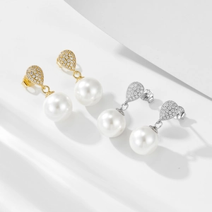 S925 silver teardrop pearl earrings with zircon inlay in gold and silver finishes