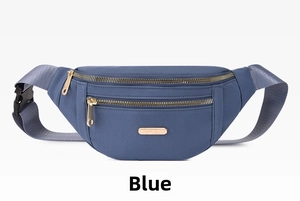 Detailed view of blue multi-layer fanny pack with three gold metal zippers and plaque