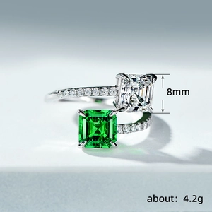 Adjustable princess cut dual gemstone ring with green and clear square stones