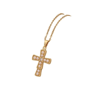 Gold plated cross pendant necklace with pearls and diamond-like stone on white background